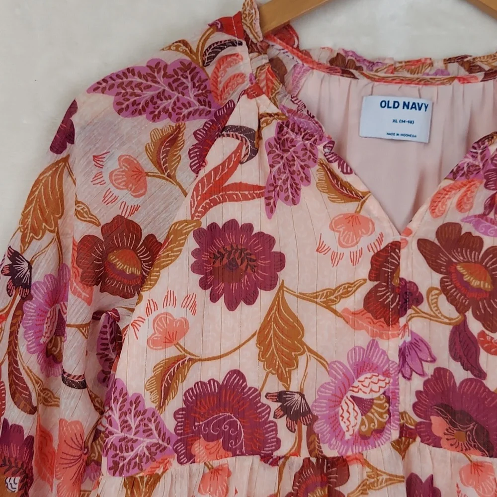 Old Navy Printed Long-Sleeve Tie-Front Tiered Swing Dress for Girls XLarge 14-16